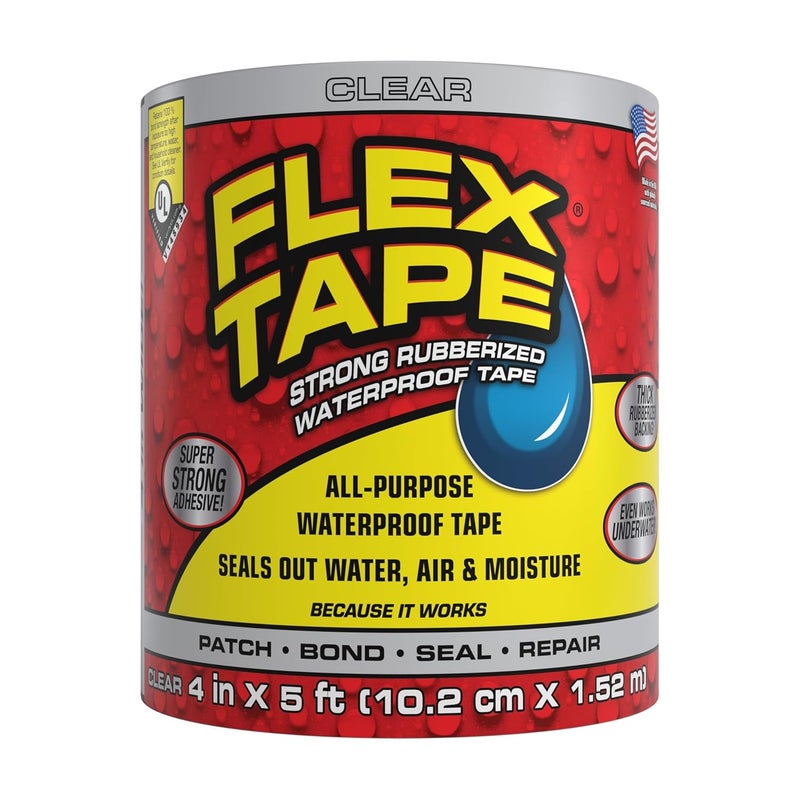FLEX TAPE , Original Thick Flexible Rubberized Waterproof Tape - Seal and Patch Leaks, Works Underwater, Indoor Outdoor - Home RV Roof Plumbing and Pool Repairs, Clear, 4 in x 5 ft, Pack of 1 - Image 1